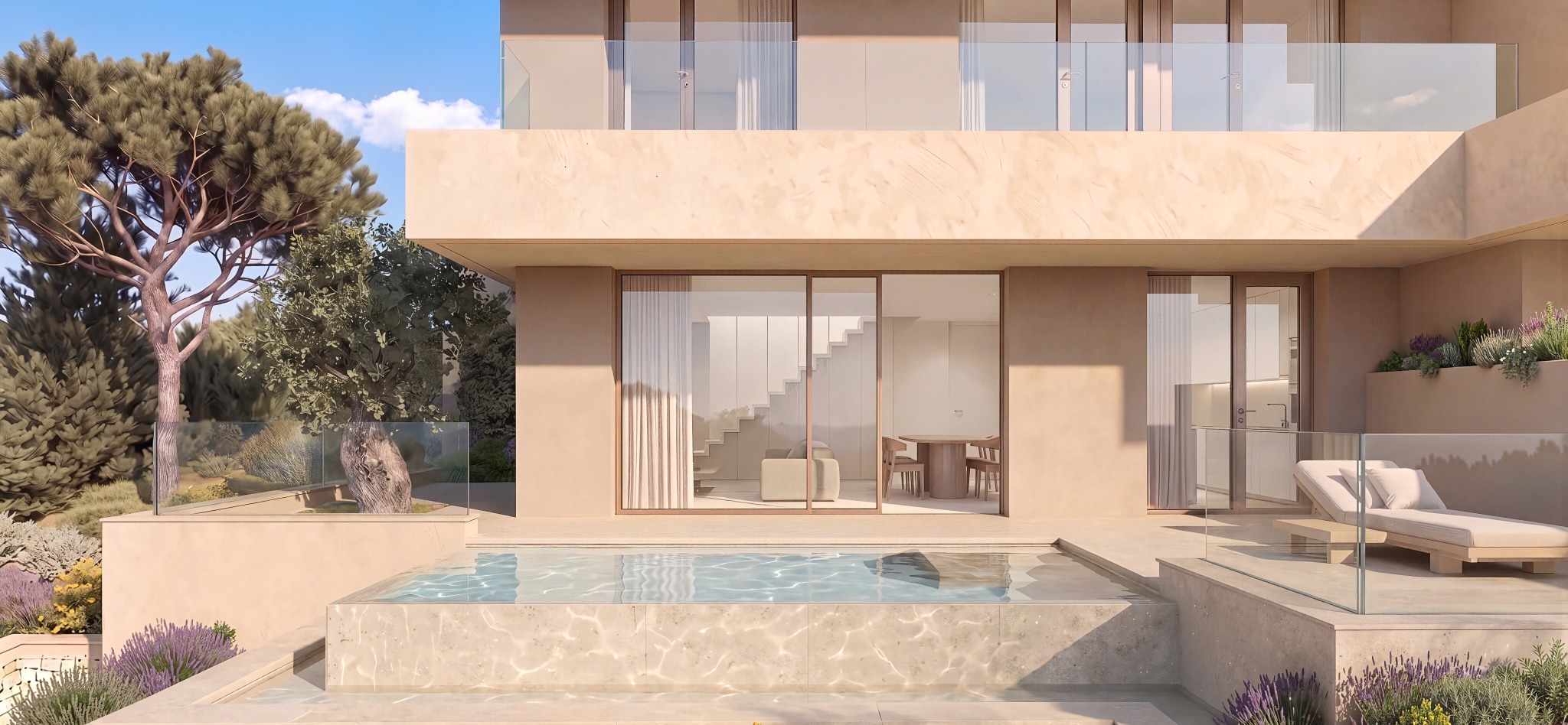 Piscina y terraza privadas de una vivienda de Cala Blanca